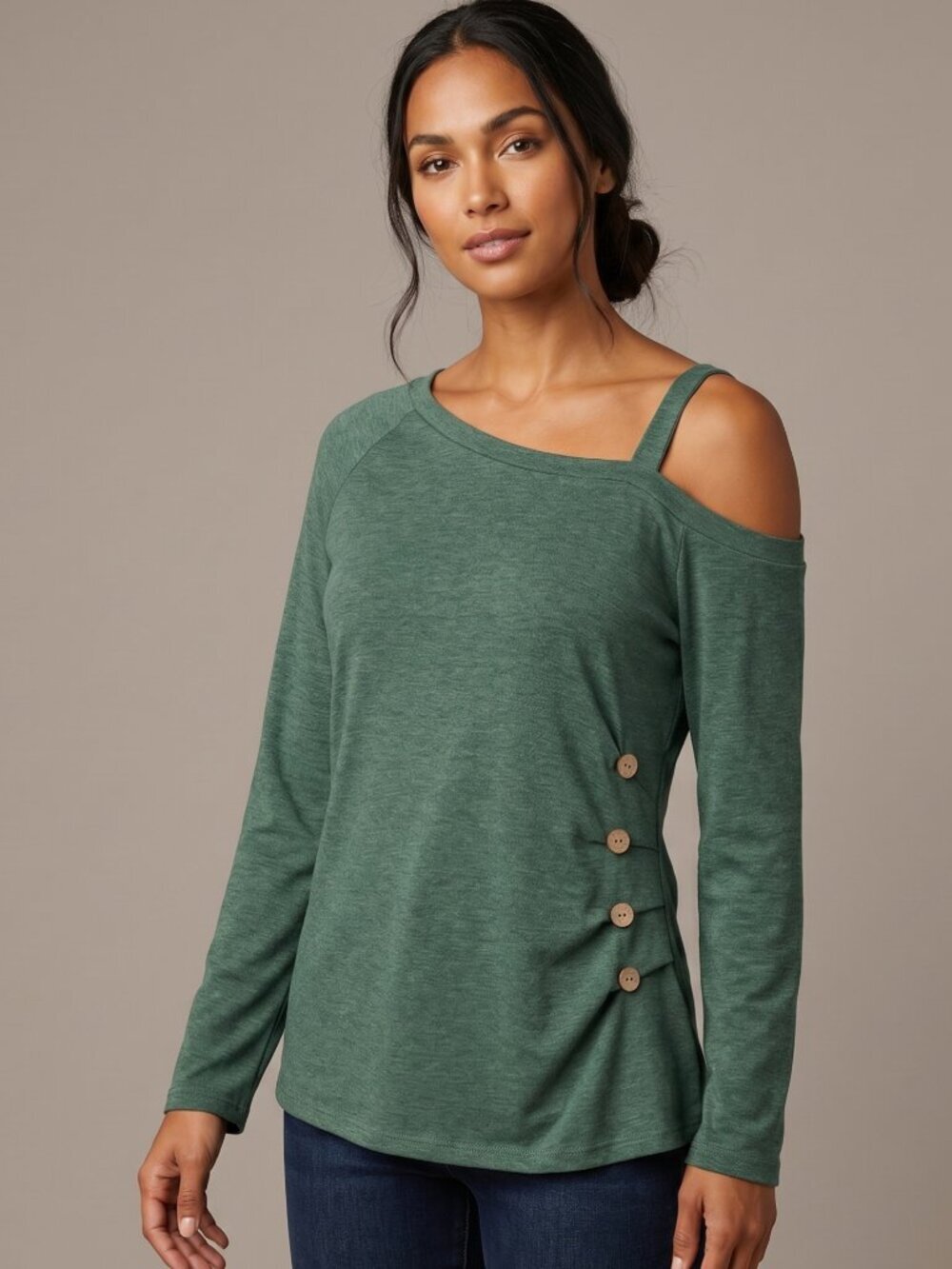 NWT | Forest Green Heather Asymmetric One-Shoulder Side Button Top | Large